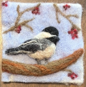 felted chickadee on branch